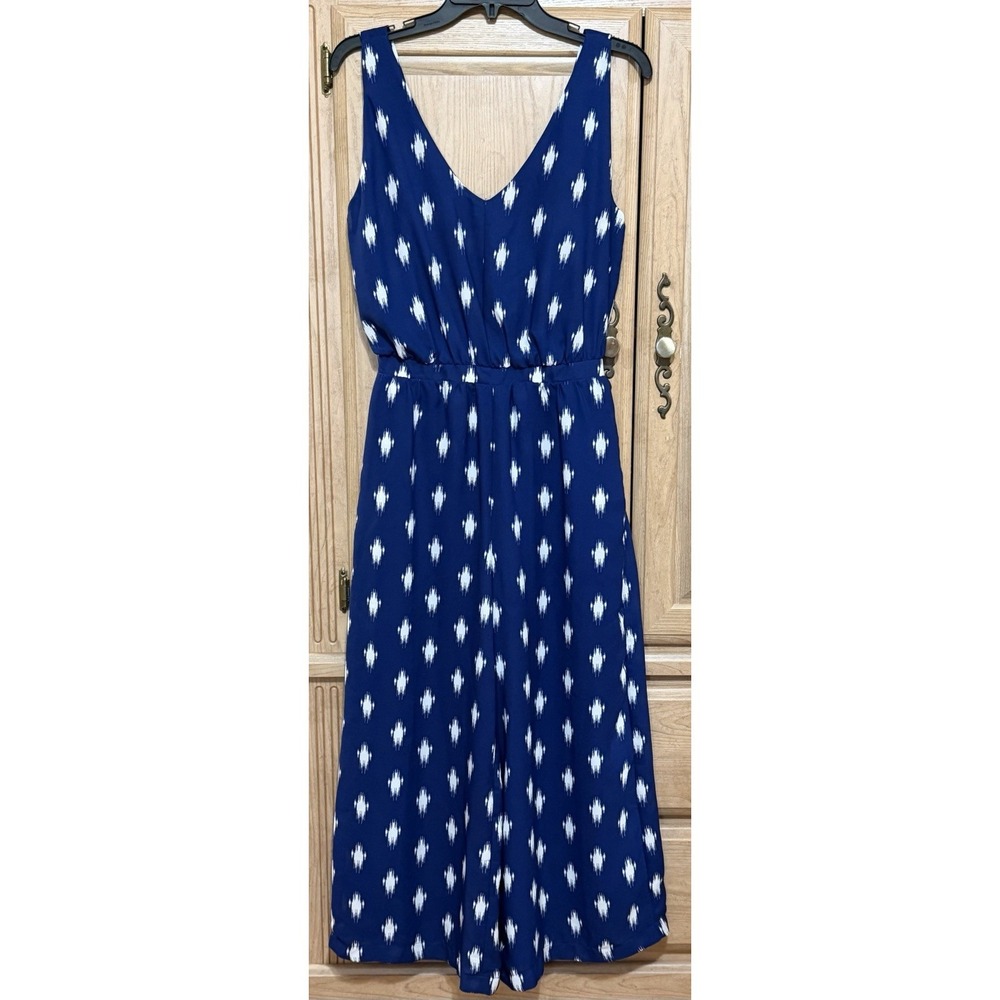 Gibson Sleeveless Wide-Leg Jumpsuit Size S Geometric Ikat Print Blue White Vneck